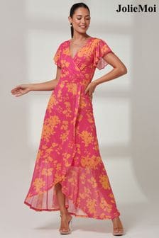 Jolie Moi Pink Floral Gisselle Ruffle Hem Mesh Maxi Dress (Q49547) | 421 QAR