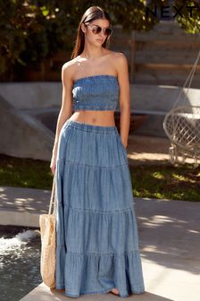 Blue Tiered Lightweight Denim Maxi Skirt (Q49587) | $69