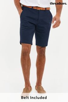 Threadbare Navy Cotton Stretch Turn-Up Chino Shorts with Woven Belt (Q49634) | ₪ 121