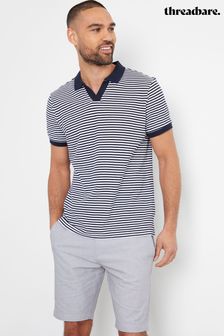 Threadbare Navy Open Collar Striped Pique Polo Shirt (Q49691) | $32