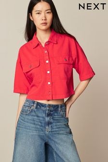 Red Cropped Oversized Denim Shirt (Q49706) | HK$221
