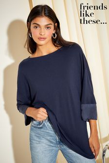 Friends Like These Navy Blue Petite Soft Jersey Long Sleeve Satin Trim Tunic Top (Q50380) | $43