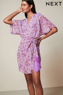 Пурпурный - Шифоновое платье мини с запахом (Q50785) | €57