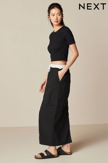Black Contrast Waistband Nylon Midi Skirt (Q50788) | kr325