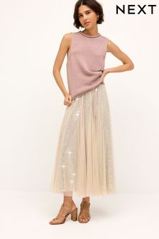 Neutral Sparkle Mesh Midi Skirt (Q50792) | $94