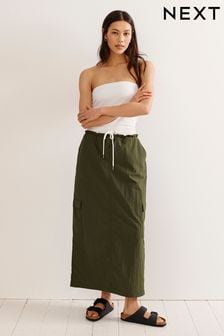Khaki Green Contrast Waistband Nylon Midi Skirt (Q50794) | kr325