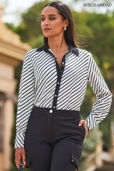 Sosandar Black Stripe Print Contrast Trim Shirt (Q51003) | $84