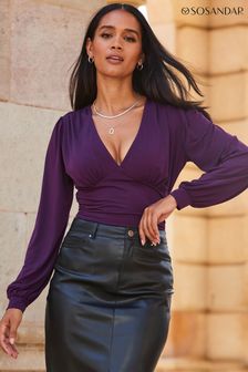 Sosandar Purple Blouson Sleeve Ruched Front Top (Q51016) | OMR20