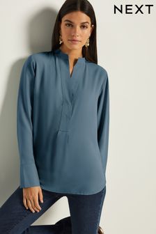 Blue Long Sleeve Overhead V-Neck Relaxed Fit Blouse (Q51839) | $43