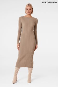 Forever New Brown Evie Long Sleeve Rib Knit Dress (Q52718) | kr1 650