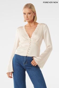 Forever New White Clover Lace Trim Satin Blouse (Q52736) | 3,147 UAH