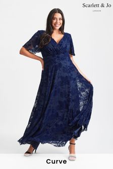 Scarlett & Jo Blue Isabelle Velvet Flock Angel Sleeve Maxi Dress (Q53276) | $242