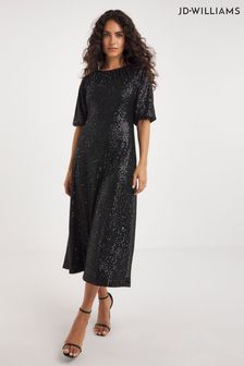 Czarna sukienka midi JD Williams Linear z bufiastymi rękawami i cekinami (Q53447) | 380 zł