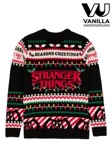 Черный Stranger Things - Мужской вязаный рождественский джемпер с лицензированным принтом Vanilla Underground (Q53843) | €66