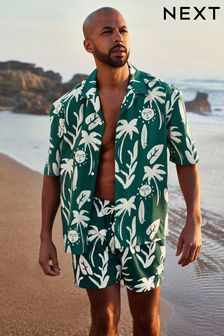 Green/Ecru Sun Regular Fit Printed Swim Shorts (Q54119) | $32