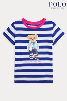Polo Ralph Lauren Girls Blue Striped Polo Bear Cotton Jersey T-Shirt (Q54524) | €77 - €87