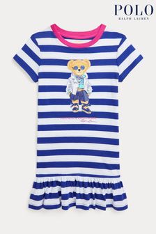 Dievčenské modré bavlnené džersejové tričkové pološaty s mackom Polo Ralph Lauren (Q54525) | €114 - €128
