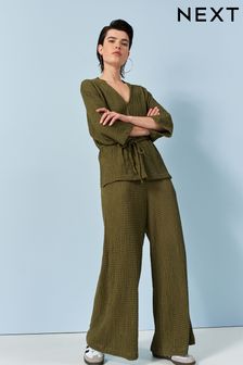 Khaki Green Textured Wide Leg Trousers (Q54783) | HK$306
