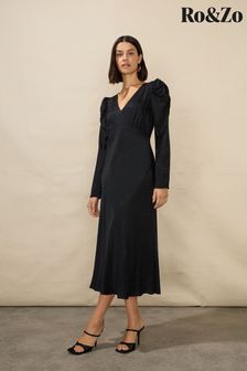 Ro&Zo Petite Satin Jacquard Puff Sleeve Black Dress