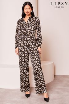 Lipsy Black Petite Geo Print Long Sleeve Shirt Jumpsuit (Q55002) | €63