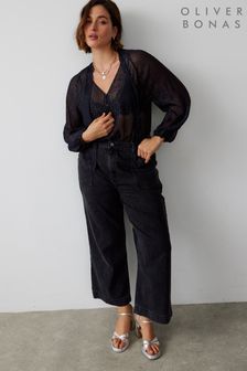Czarna bluzka Oliver Bonas w metaliczne paski i wiązaniem przy szyi (Q55261) | 187 zł