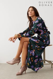 Oliver Bonas Twilight Bloom Geblümtes Midikleid, Schwarz/Grün (Q55319) | 61 €