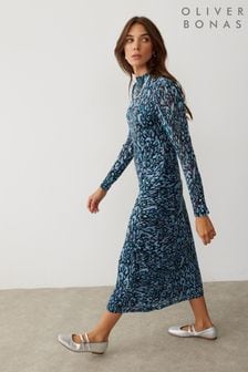 Синее фактурное платье миди с принтом Oliver Bonas (Q55452) | €47
