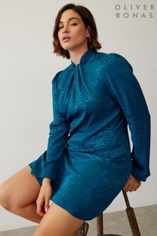 Niebieska satynowa sukienka mini Oliver Bonas z żakardowym wzorem i metalicznym węzłem (Q55475) | 237 zł