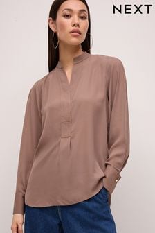 Taupe Long Sleeve Overhead V-Neck Relaxed Fit Blouse (Q55658) | 808 UAH