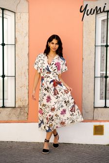 Yumi Bird and Floral Print Ruched Waist Kimono Midi Dress