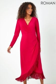 Dusk Red Tassel Trim Stretch Wrap Dress (Q55728) | €77