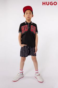 HUGO Stripe All-Over Print Logo Swim Black Shorts