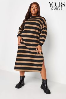 Yours Curve Natural Oversized Long Sleeve T-Shirt Jumbo Stripe Cuffed Dress (Q55994) | kr376