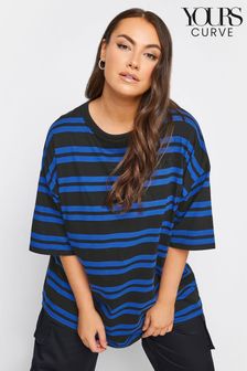 Yours Curve Blue Engineered Double Stripe Boxy T-Shirt (Q56075) | $26