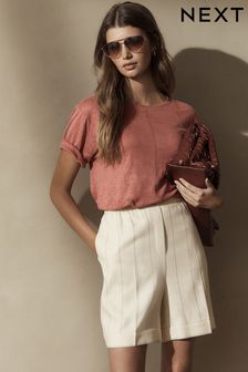 Rose Pink Slim Fit Premium 100% Linen Crew Neck Short Sleeve T-Shirt (Q56147) | OMR12