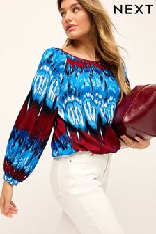 Blue Tie-Dye Print Boat Neck Textured Blouse (Q56156) | AED152