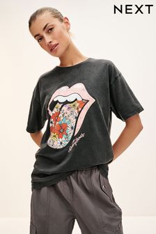 אפור - חולצת טי עם שרוול קצר עם הדפס גרפי מורשה של להקת Rolling Stones (Q56165) | ‏87 ‏₪