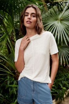 Ecru Slim Fit Premium 100% Linen Crew Neck Short Sleeve T-Shirt (Q56172) | $42