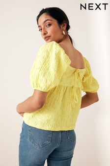 Yellow Textured Puff Sleeve Square Neck Top (Q56174) | kr440