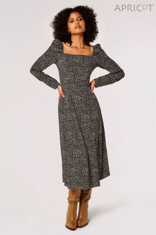 Apricot Black Ikat Ruched Long Sleeve Side Split Dress (Q56225) | R858