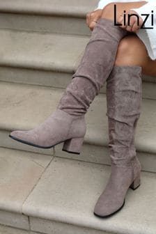 Linzi Brown Zena Faux Suede Square Toe Block Heel Knee High Boots (Q56276) | kr714