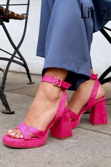Linzi Pink Giselle Platform Heeled Sandals With Cross Front Straps (Q56587) | $60