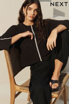 Black Crochet Long Sleeve Trim Blouse (Q56805) | AED70