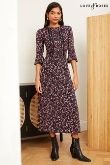 Love & Roses Black Ditsy Printed Flute Sleeves High Neck Lace Trim Midi Dress (Q57175) | AED322