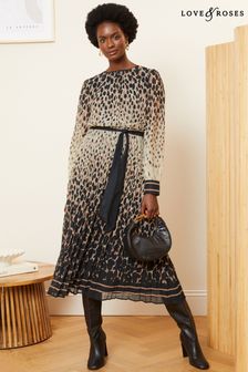 Love & Roses Brown Printed Belted Pleated Long Sleeve Midi Dress (Q57184) | OMR39