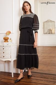 Črna/bela - Love & Roses večslojna srednje dolga obleka s kontrastnimi šivi in pasom (Q57187) | €66