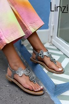 Linzi Silver Priya Embellished Front Strap Flat Sandals With Toe Post (Q58219) | kr510