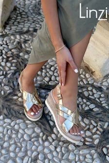 Linzi Gold Myla Sling Back Wedge Espadrille Sandals With Cross Over Front Strap (Q58239) | HK$380