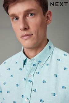 Green Linen Blend Printed Short Sleeve Shirt (Q59770) | $50