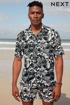 Black/White Printed Short Sleeve Shirt With Cuban Collar (Q60193) | 155 SAR